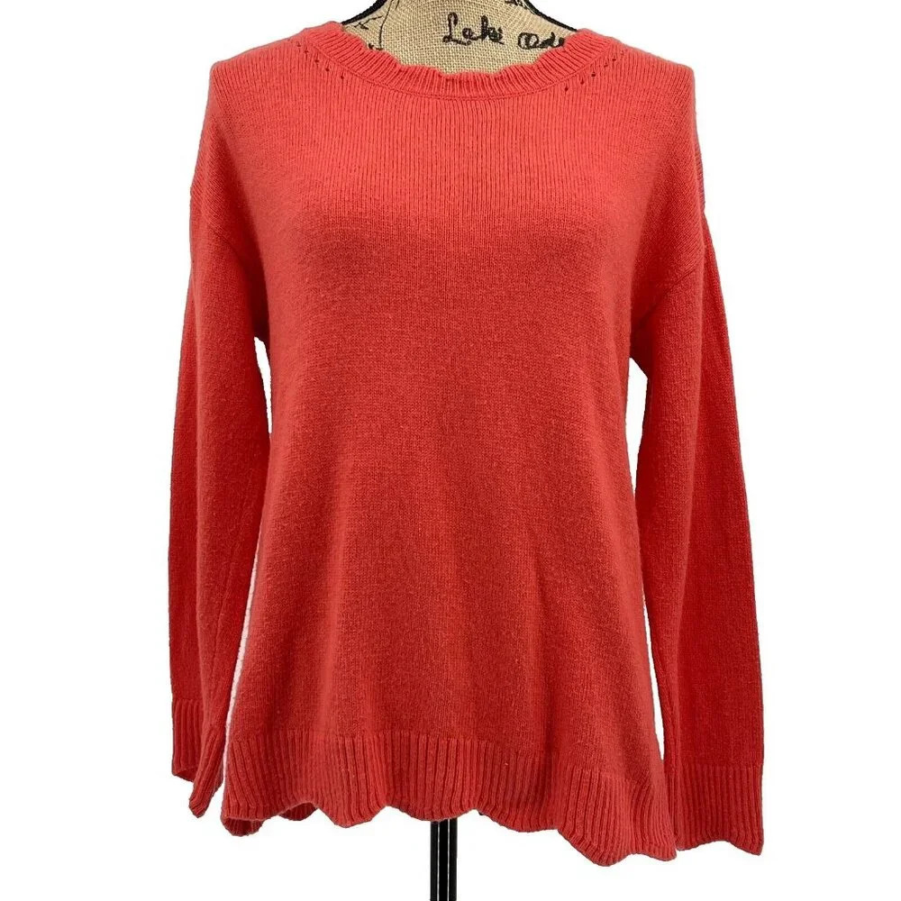Talbots Sweater Women S Small Orange Red Knit Scalloped Hem Pullover Lightweight